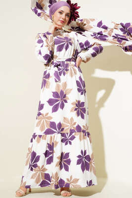 Yaprak Desen Bel Lastikli Bürümcük Elbise Mor - Tesettür Elbise