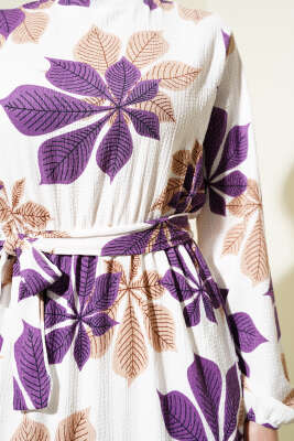 Yaprak Desen Bel Lastikli Bürümcük Elbise Mor - Tesettür Elbise