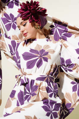 Yaprak Desen Bel Lastikli Bürümcük Elbise Mor - Tesettür Elbise