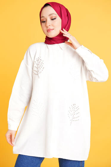 Yaprak Desen Boncuklu Keten Gömlek Ekru - Gömlek