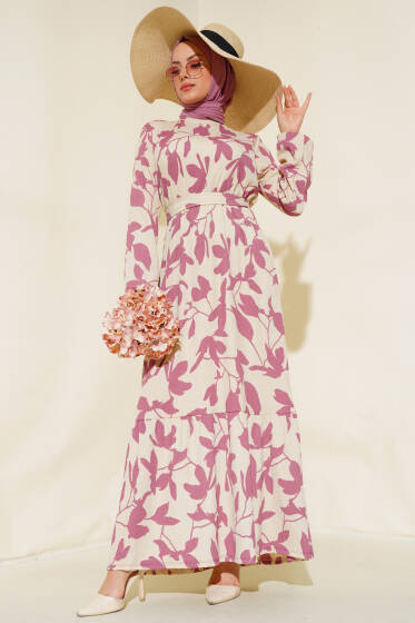 Yaprak Desen Bürümcük Elbise Gül Kurusu - Elbise