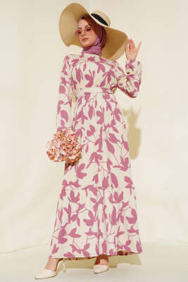 Yaprak Desen Bürümcük Elbise Gül Kurusu 