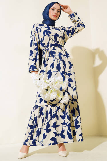Yaprak Desen Bürümcük Elbise Lacivert - Elbise