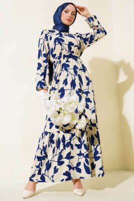 Yaprak Desen Bürümcük Elbise Lacivert 