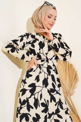 Yaprak Desen Bürümcük Elbise Siyah 