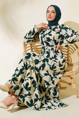 Yaprak Desen Bürümcük Elbise Zümrüt - Elbise