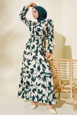 Yaprak Desen Bürümcük Elbise Zümrüt - Tesettür Elbise
