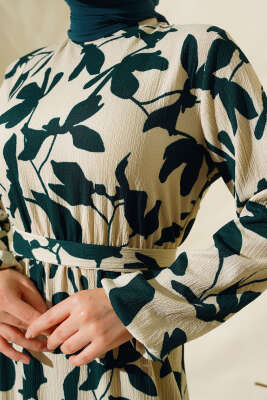 Yaprak Desen Bürümcük Elbise Zümrüt - Tesettür Elbise