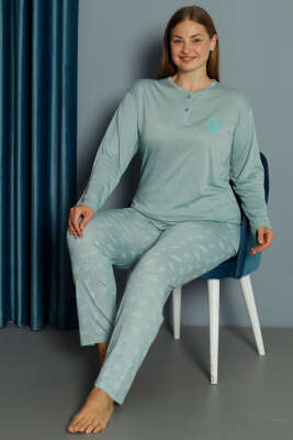 Yaprak Desen Büyük Beden Pijama Takımı Çağla Yeşili - Pijama & Gecelik