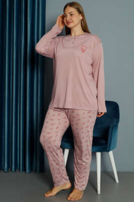 Yaprak Desen Büyük Beden Pijama Takımı Pudra 