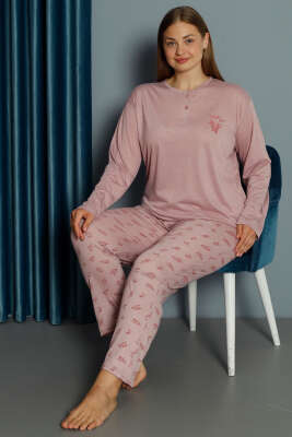 Yaprak Desen Büyük Beden Pijama Takımı Pudra - Pijama & Gecelik