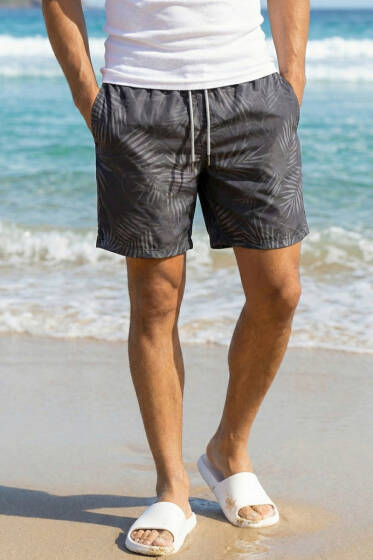 Yaprak Desen Erkek Deniz Şortu Füme - ERKEK ŞORT