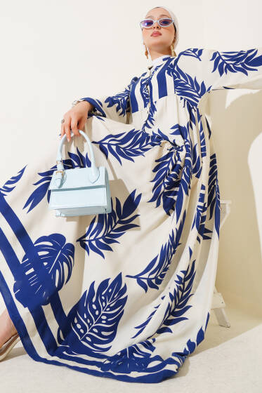 Yaprak Desen Hakim Yaka Viskon Elbise Lacivert - Elbise