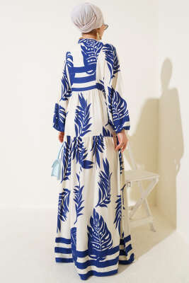 Yaprak Desen Hakim Yaka Viskon Elbise Lacivert - Tesettür Elbise