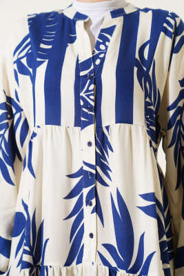 Yaprak Desen Hakim Yaka Viskon Elbise Lacivert - Tesettür Elbise