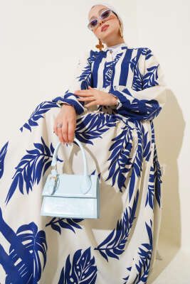 Yaprak Desen Hakim Yaka Viskon Elbise Lacivert - Tesettür Elbise