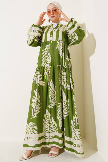 Yaprak Desen Hakim Yaka Viskon Elbise Yeşil - Elbise