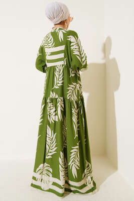 Yaprak Desen Hakim Yaka Viskon Elbise Yeşil - Tesettür Elbise