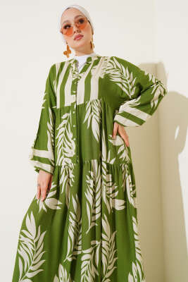 Yaprak Desen Hakim Yaka Viskon Elbise Yeşil - Tesettür Elbise