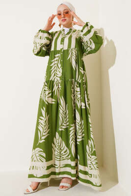 Yaprak Desen Hakim Yaka Viskon Elbise Yeşil