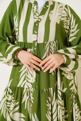 Yaprak Desen Hakim Yaka Viskon Elbise Yeşil - Tesettür Elbise