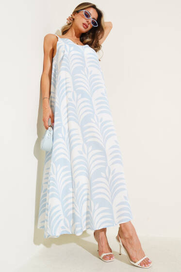 Yaprak Desen İp Askılı Midi Elbise Mavi - Kadın Giyim Modelleri