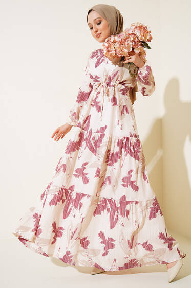 Yaprak Desen Kat Kat Bel Bağcıklı Elbise Bordo - Tesettür Elbise