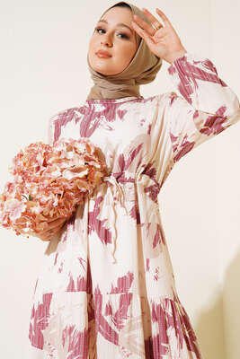 Yaprak Desen Kat Kat Bel Bağcıklı Elbise Bordo - Tesettür Elbise