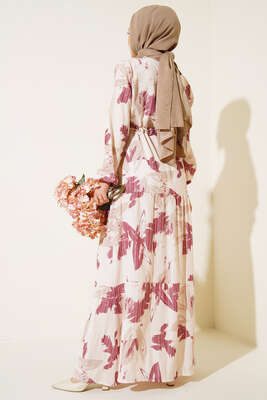 Yaprak Desen Kat Kat Bel Bağcıklı Elbise Bordo - Tesettür Elbise