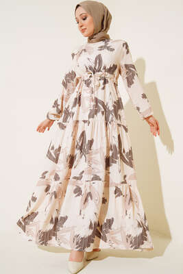 Yaprak Desen Kat Kat Bel Bağcıklı Elbise Kahve - Tesettür Elbise