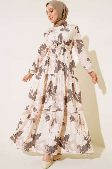 Yaprak Desen Kat Kat Bel Bağcıklı Elbise Kahve - Tesettür Elbise