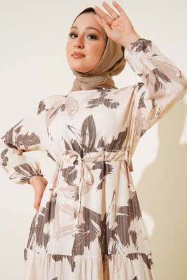 Yaprak Desen Kat Kat Bel Bağcıklı Elbise Kahve - Tesettür Elbise