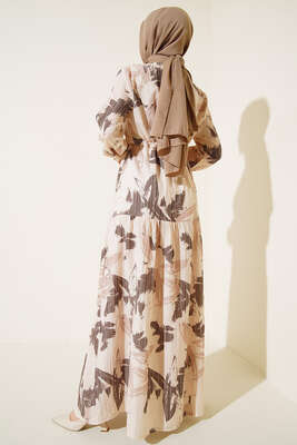 Yaprak Desen Kat Kat Bel Bağcıklı Elbise Kahve - Tesettür Elbise