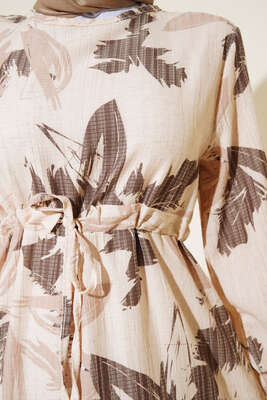 Yaprak Desen Kat Kat Bel Bağcıklı Elbise Kahve - Tesettür Elbise