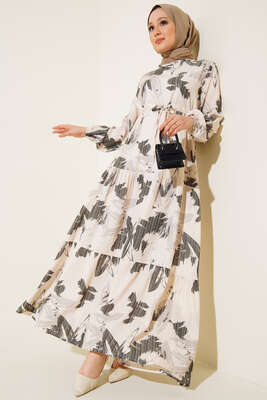 Yaprak Desen Kat Kat Bel Bağcıklı Elbise Siyah 