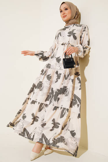 Yaprak Desen Kat Kat Bel Bağcıklı Elbise Siyah - Tesettür Elbise