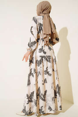 Yaprak Desen Kat Kat Bel Bağcıklı Elbise Siyah - Tesettür Elbise