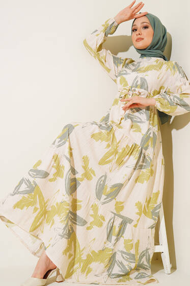 Yaprak Desen Kat Kat Bel Bağcıklı Elbise Yağ Yeşili - Tesettür Elbise