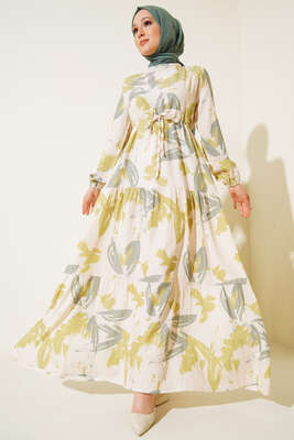 Yaprak Desen Kat Kat Bel Bağcıklı Elbise Yağ Yeşili - Tesettür Elbise