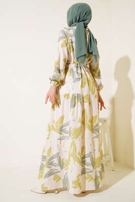 Yaprak Desen Kat Kat Bel Bağcıklı Elbise Yağ Yeşili - Tesettür Elbise