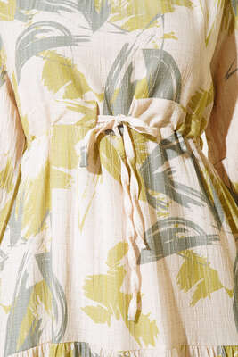 Yaprak Desen Kat Kat Bel Bağcıklı Elbise Yağ Yeşili - Tesettür Elbise