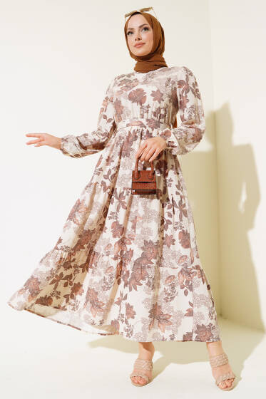 Yaprak Desen Keten Elbise Kahve - Elbise