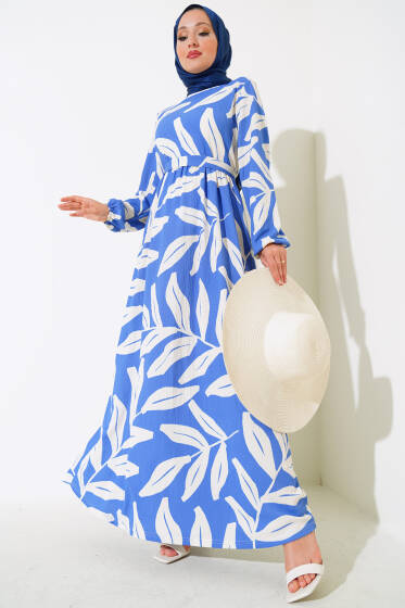 Yaprak Desen Kuşaklı Bürümcük Elbise Indıgo - Elbise