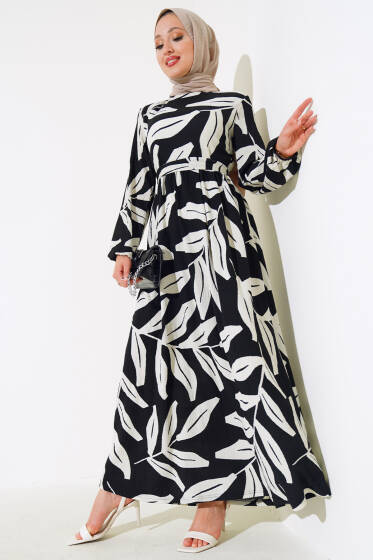 Yaprak Desen Kuşaklı Bürümcük Elbise Siyah - Elbise