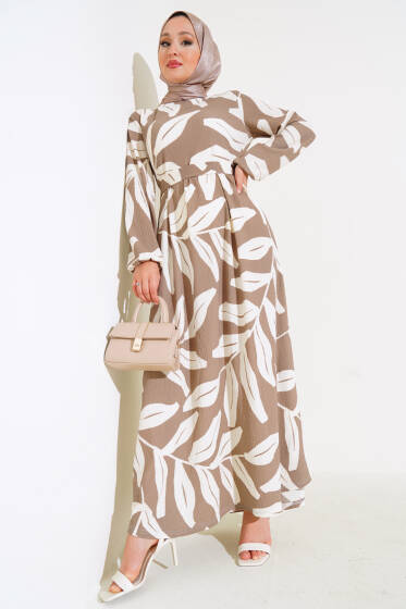 Yaprak Desen Kuşaklı Bürümcük Elbise Sütlü Kahve - Elbise