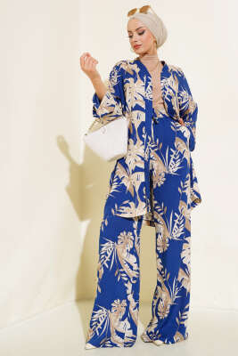 Yaprak Desen Salaş Kimono Takım Lacivert 