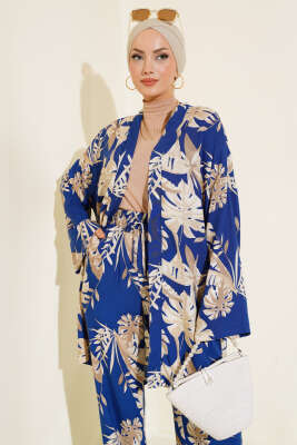 Yaprak Desen Salaş Kimono Takım Lacivert - İkili Takım