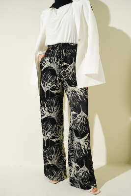 Yaprak Desen Saten Geniş Paça Pantolon Siyah - ESTELLE