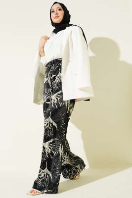 Yaprak Desen Saten Geniş Paça Pantolon Siyah - Pantolon