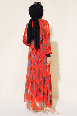 Yaprak Desen Şifon Elbise Oranj - Thumbnail